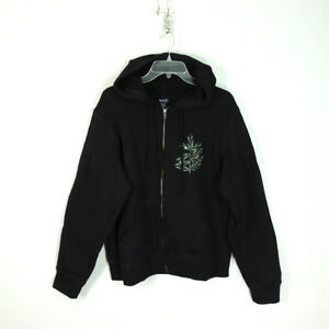 Enza Hoodie Sweatshirt XL Black Pine Tree Cone Button Appliqué Full Zip Pocket